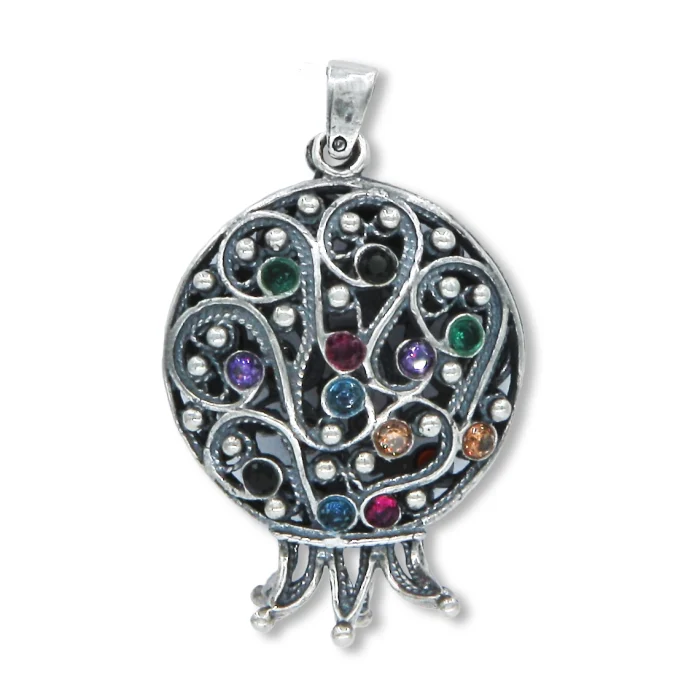 Pendant - Pomegranate, Filigree 925 Sterling Silver, Double Sided, Red Garnet "Seeds" and Colorful Gemstone "Seeds" - Image 4