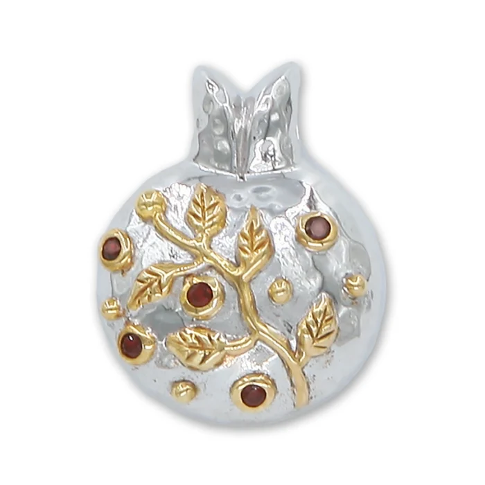 Pendant - 925 Sterling Silver Pomegranate, Gold Plated Branch, Auburn Zirconia "Seeds", with chain
