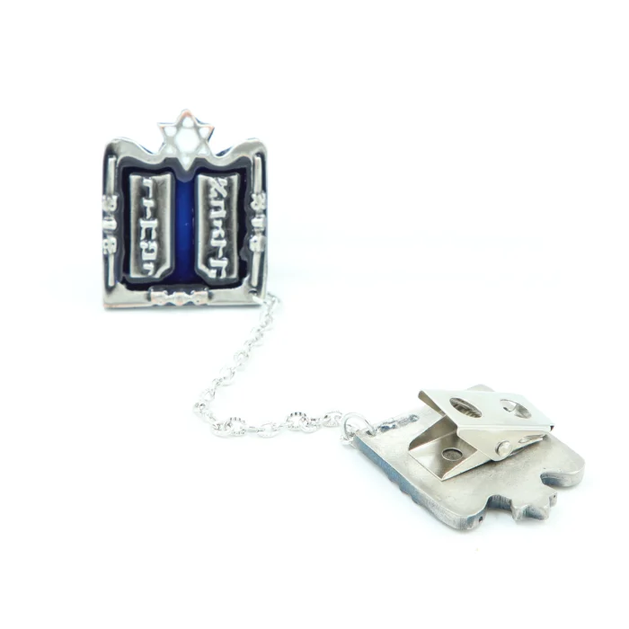 Tallit Clips - Pewter Silver, 10 Commandments, White Star of David,  Blue Enamel - Image 3