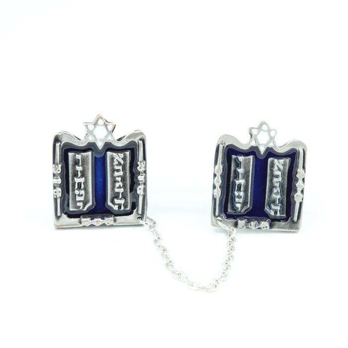 Tallit Clips - Pewter Silver, 10 Commandments, White Star of David,  Blue Enamel
