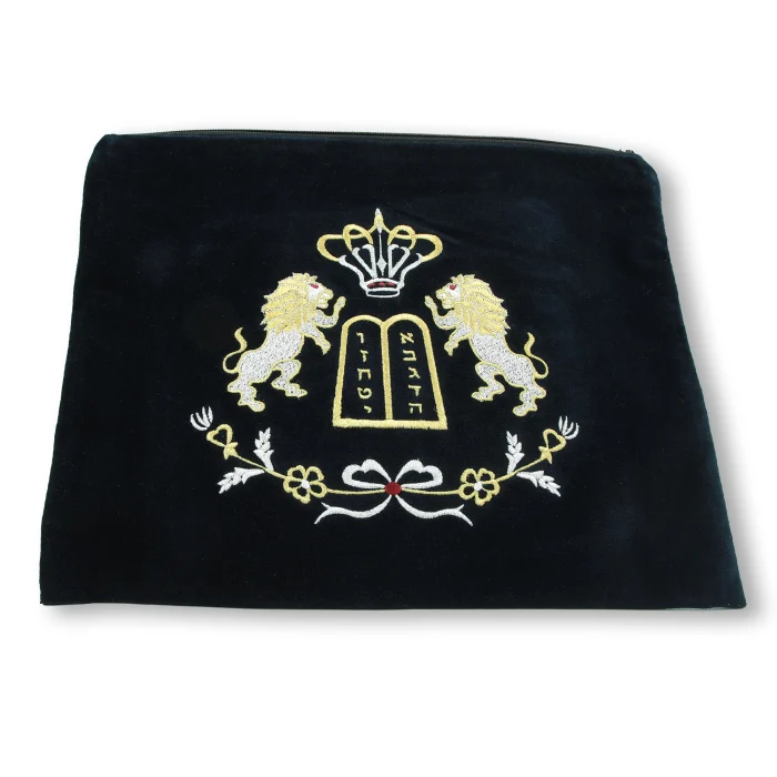 Tallit/Tefillin Bag Set - Navy Blue Velvet, Embroidered Silver and Gold, Ten Commandments, Crown, Lions - Image 2
