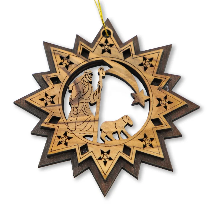 Olive Wood -Tree Ornament - Multi-Pointed Star with Shephard and Sheep