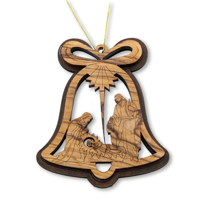 Olive Wood - Tree Ornament  Christmas Bell with Joseph, Mary and Jesus