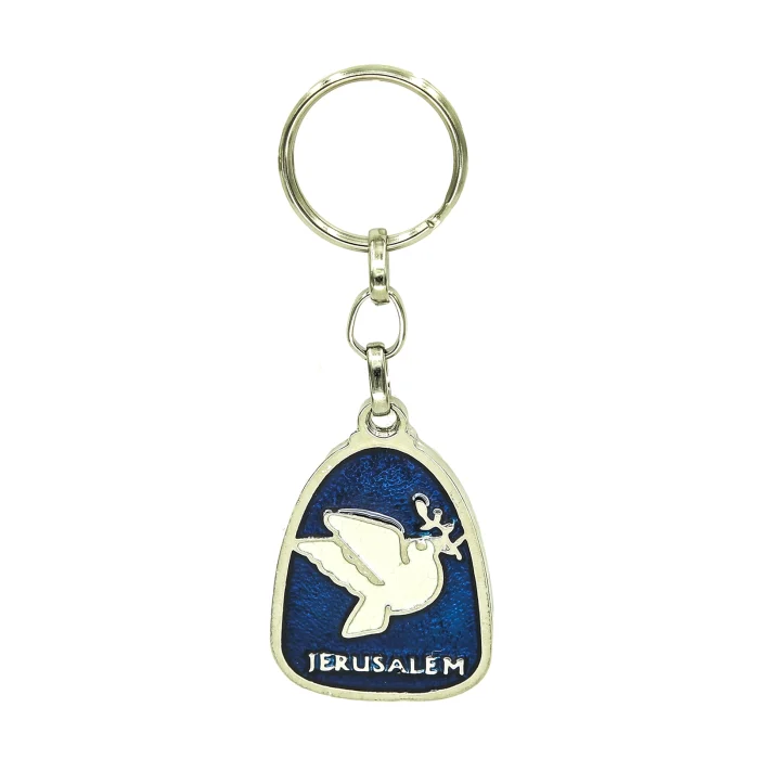 Keyring - White Dove with Olive Branch - Blue Enamel