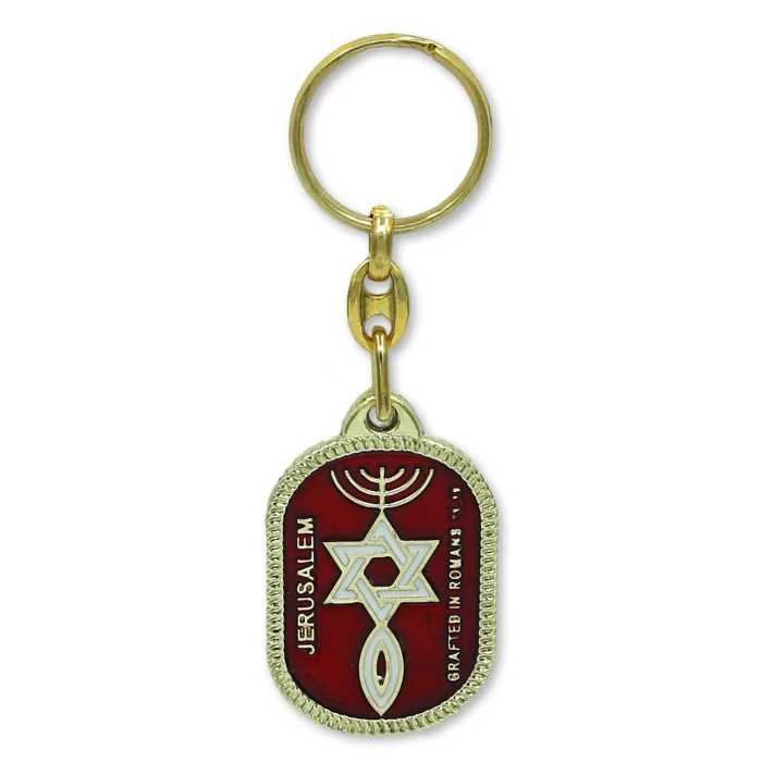 Keyring - Grafted In, Gold on Red with Jerusalem