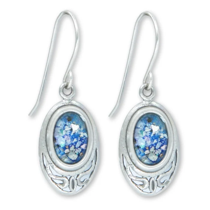 Earrings - Oval Roman Glass Set in Filigree 925 Sterling Silver