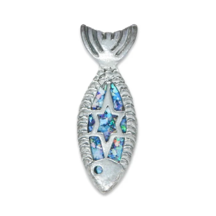 Pendant - Fish Pendant With Roman Glass and Star of David, 925 Sterling Silver