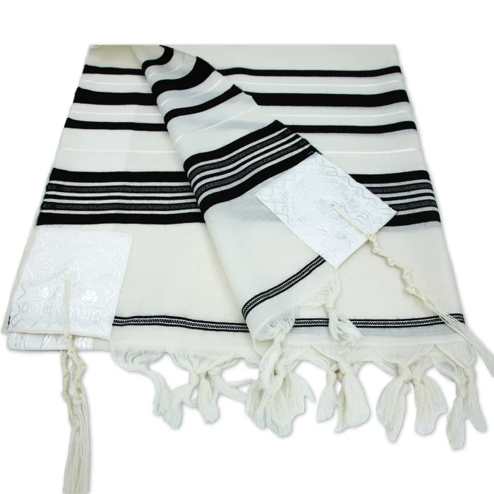 Tallit (Prayer Shawl) 100% Wool - Black and White Stripes - size large (58x74 inch) - Image 2