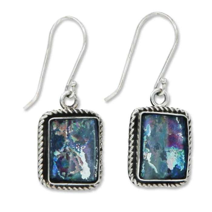 Earrings - Roman Glass Rectangular Earrings Set in Filigree 925 Sterling Silver