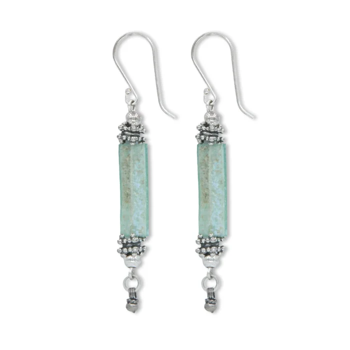 Earrings - Dangle Earrings, Light Green Flat Rectangles of Roman Glass Capped with Decorative Beaded 925 Sterling Silver