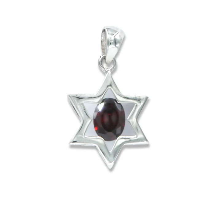 Pendant - Star of David, 925 Sterling Silver, Red Oval Cubic Zirconia