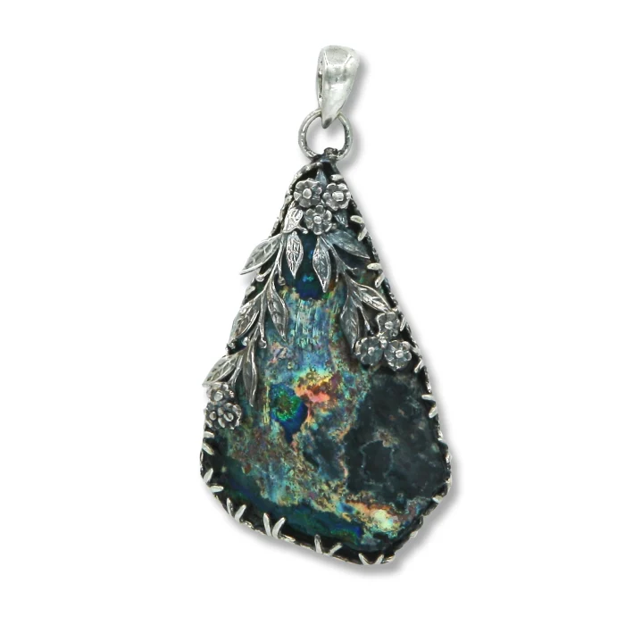 Pendant - One of a kind, Roman Glass Fragment with 925 Sterling Silver Lining with Floral Motif