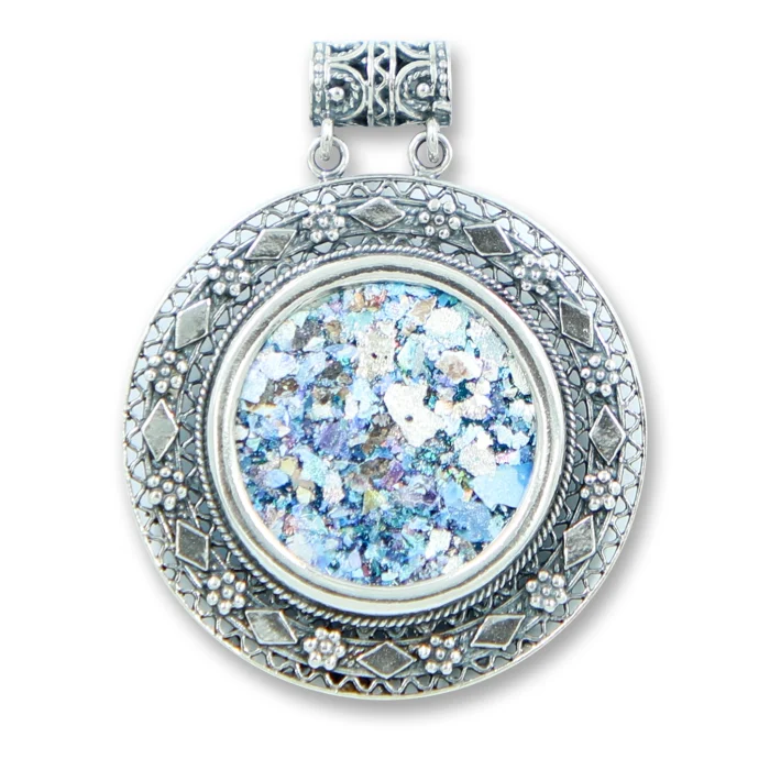 Pendant - Roman Glass Fragment Set in Intricate Sephardic Filigree Design, 925 Sterling Silver