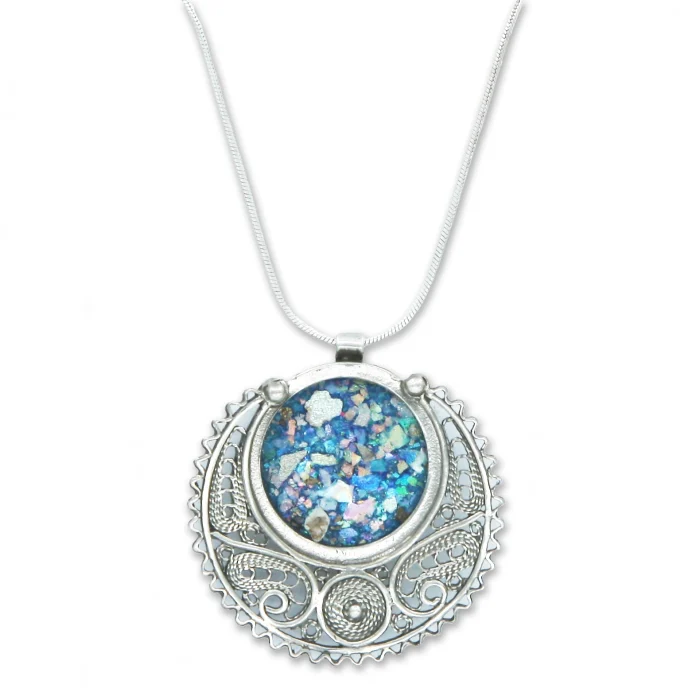 Necklace - Roman glass fragment set in 925 Stirling Silver with Intricate Design
