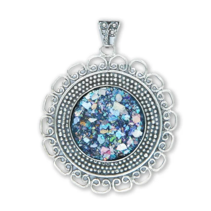 Pendant - Roman Glass Fragment Set in Intricate Design of 925 Sterling Silver