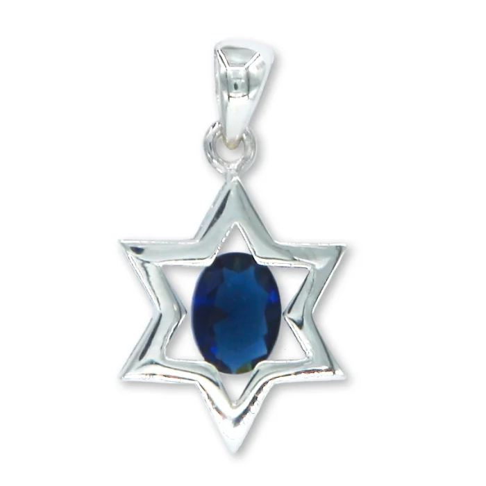 Pendant - Star of David Pendant in 925 Sterling Silver with Oval Blue Cubic Zirconia