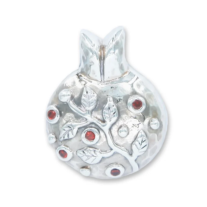 Pendant - Pomegranate 925 Sterling Silver Plated Branch and Garnet Gem Stone Seeds