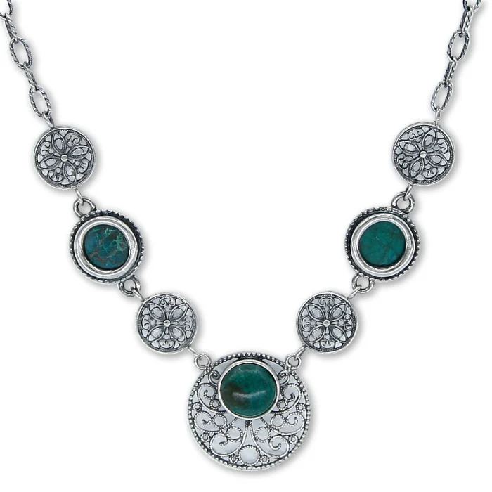 Necklace - Filigree Floral Links of 925 Sterling Silver Chain with 3 Eilat Stones