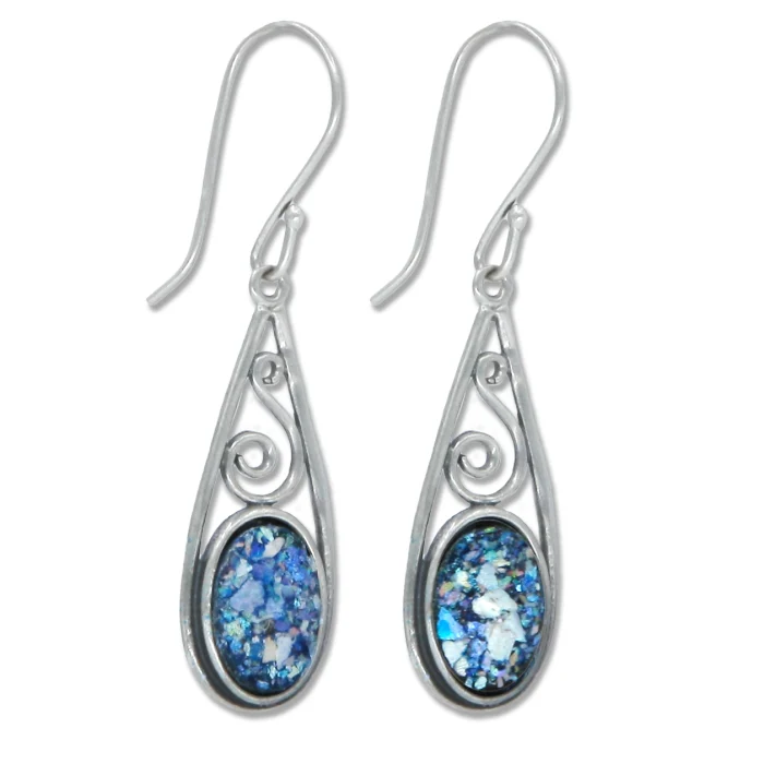 Earrings - Roman Glass and 925 Sterling Silver Tear Drop