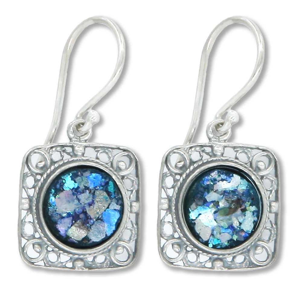 Ancient Roman Glass Earrings Teardrop with Diamond-shape Inlay Sterling Silver
