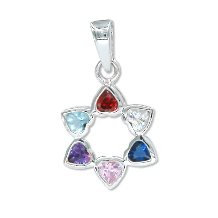 Pendant - Petit Star of David with Colorful Heart Shaped Points of Cubic Zirconia