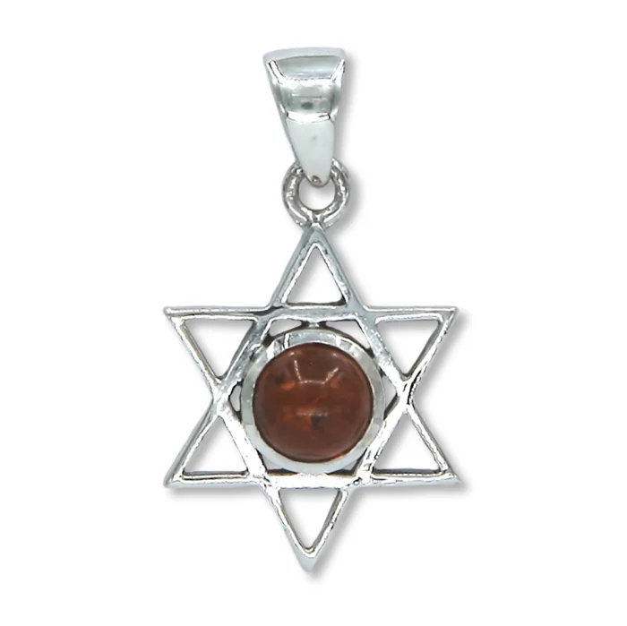 Pendant - Star of David in 925 Sterling with Round Amber Gem Stone Set in Center
