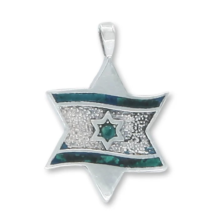 Pendant - Star of David Flag with Eilat Stone Stripes, 925 Sterling Silver, with chain