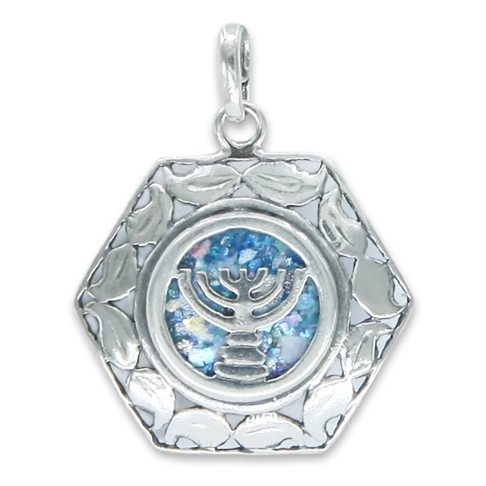 Pendant - Menorah Encircled in Roman Glass and Framed in Leaf Hexagon of 925 Sterling Silver