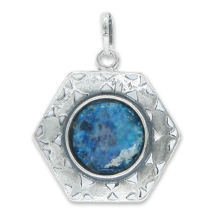 Pendant - Menorah Encircled in Roman Glass and Framed in Leaf Hexagon of 925 Sterling Silver - Image 2