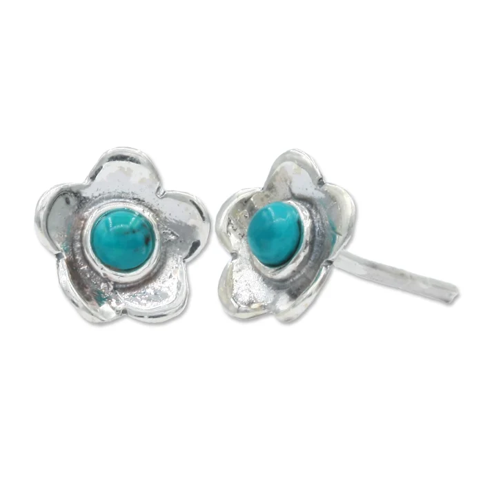 Earrings - Post, Dainty Flower, 925 Sterling Silver with Eilat Stone Center