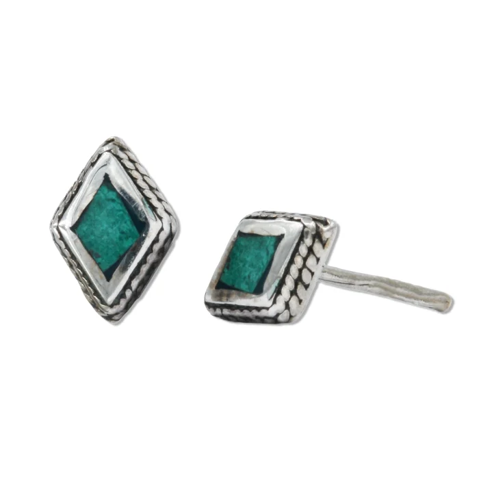 Earrings - Post, Diamond Shaped Eilat Stone Framed in 925 Sterling Silver