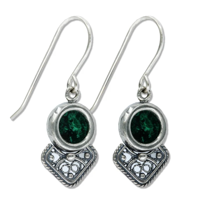 Earrings - Round Eilat Stone Framed in 925 Sterling Silver with Filigree Dangle