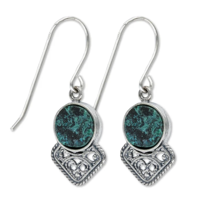 Earrings - Round Eilat Stone Framed in 925 Sterling Silver with Filigree Dangle - Image 2