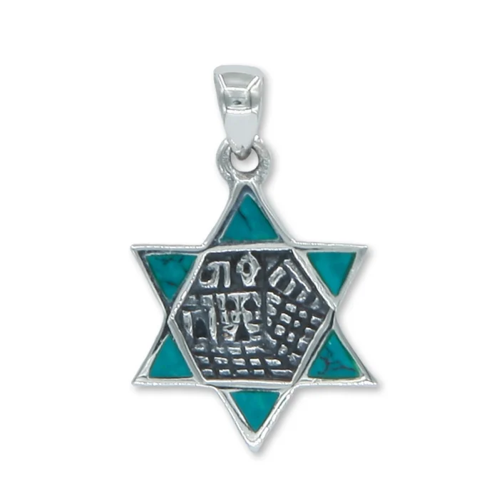 Pendant - Star of David with Jerusalem Buildings in Center and Eilat Stone Points, 925 Sterling Silver
