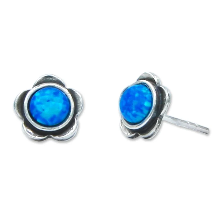 Earrings - Post, Flower 925 Sterling Silver with Opal Center