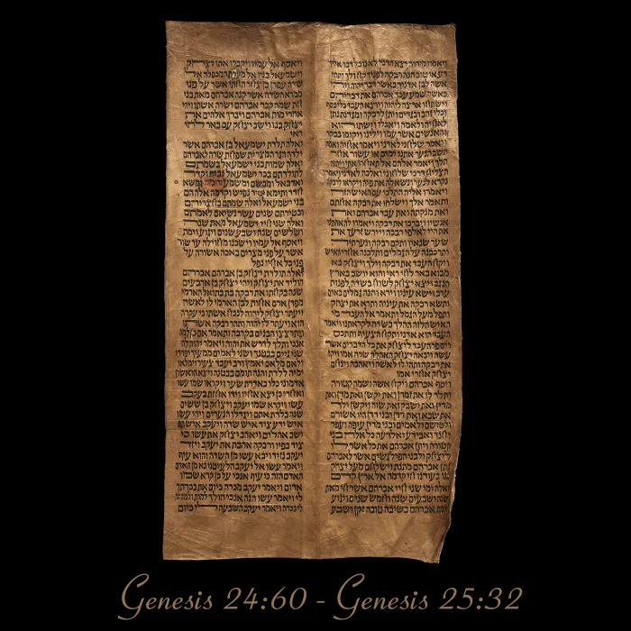 Torah Scroll - Antique Sephardic Torah Fragment Handwritten on Sheep Skin Genesis 24:60 - Genesis 25:32