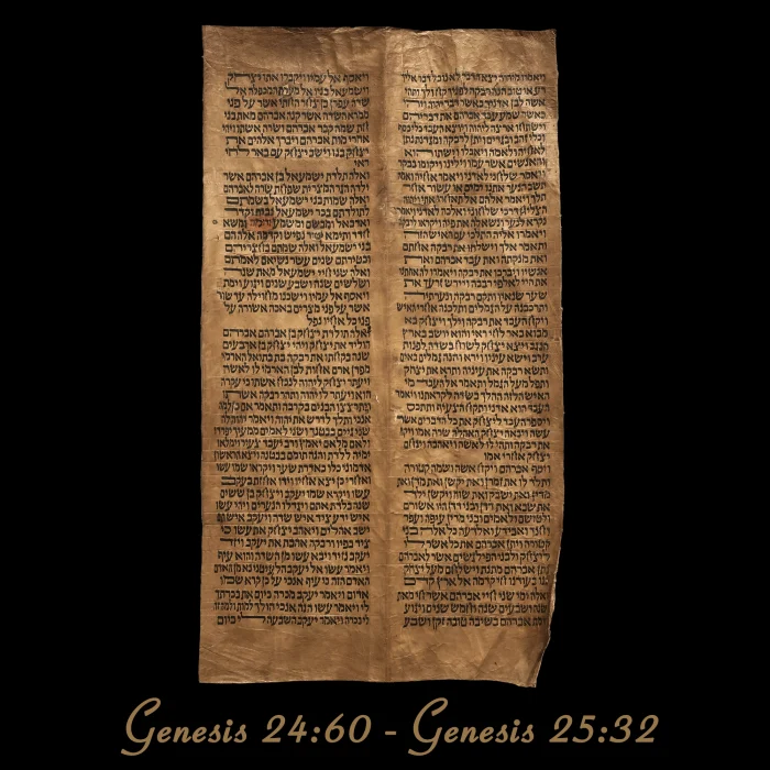 Torah Scroll - Antique Sephardic Torah/Hebrew Bible Pages Handwritten, Genesis 24:60 – Genesis 25:32