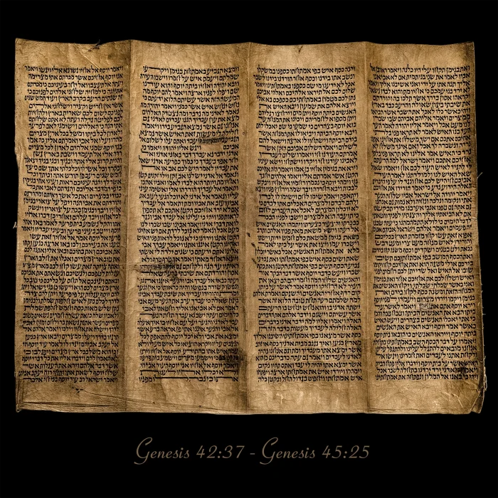 Torah Scroll - Antique Sephardic Torah Fragment Handwritten on Sheep Skin Genesis 42:37 - Genesis 45:25