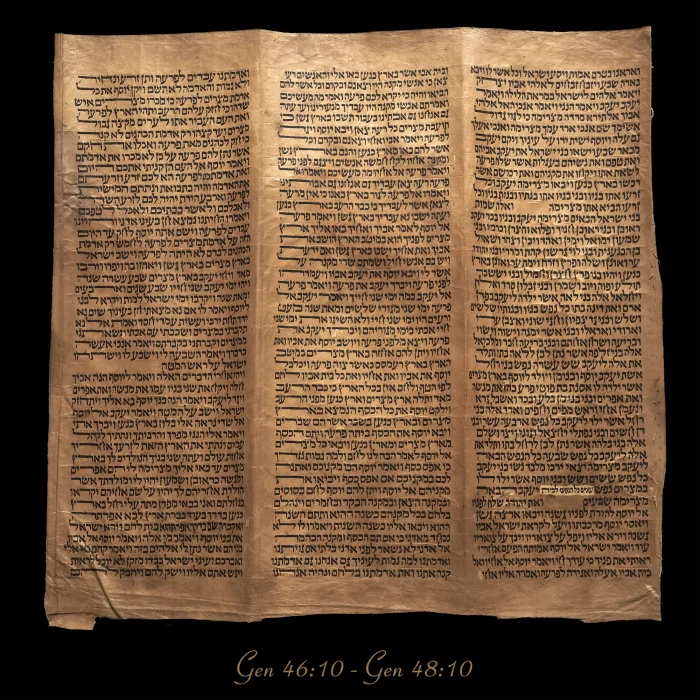 Torah Scroll - Antique Sephardic Torah Fragment Handwritten on Sheep Skin Genesis 46:1 - Genesis 48:10