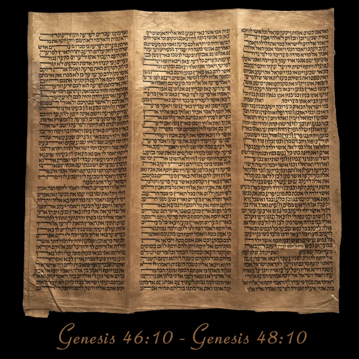 Torah Scroll - Antique Sephardic Torah/Hebrew Bible Pages Handwritten, Genesis 46:1 - Genesis 48:10