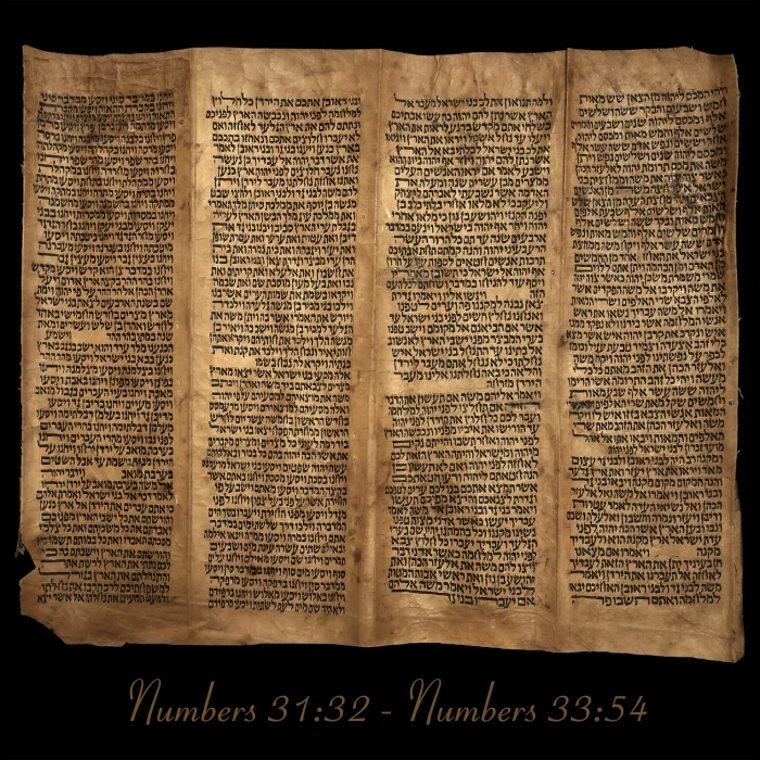 Torah Scroll - Antique Sephardic Torah Fragment Handwritten on Sheep Skin Numbers 31:32 - Numbers 33:54
