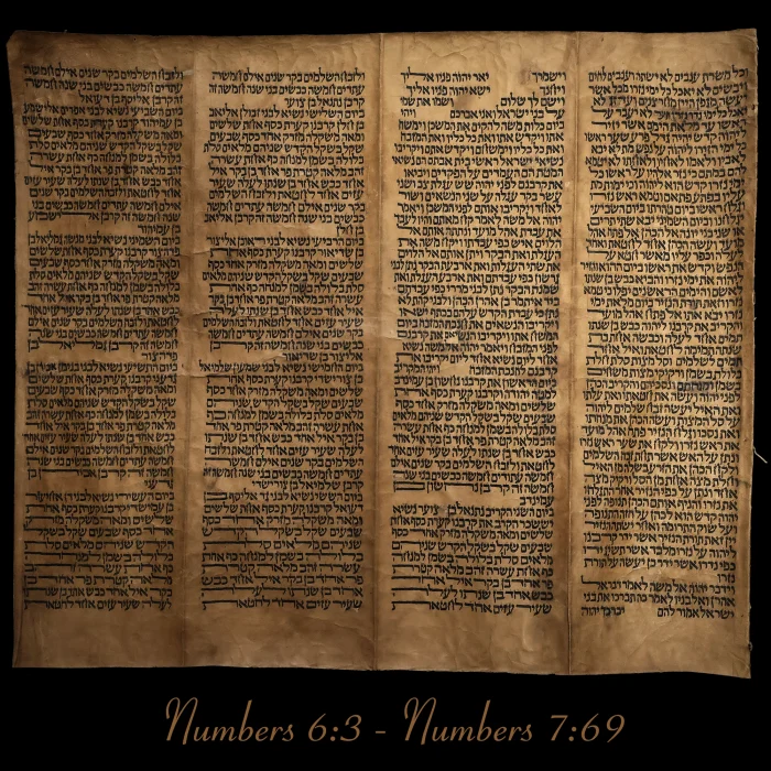 Torah Scroll - Antique Sephardic Torah Fragment Handwritten on Sheep Skin Numbers 6:3 - Numbers 7:69