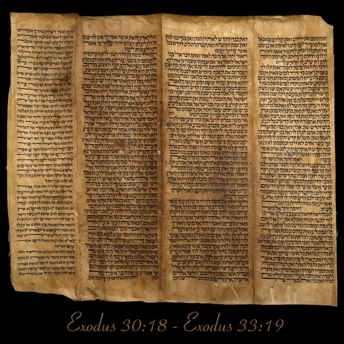 Torah Scroll - Antique Sephardic Torah Fragment Handwritten on Sheep Skin Exodus 30:18 - Exodus 33:19