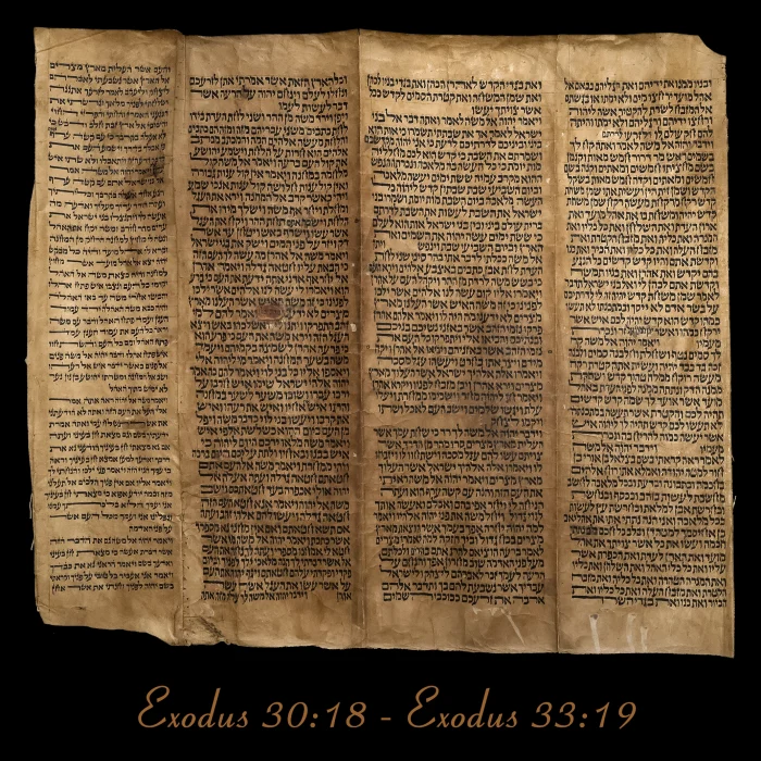Torah Scroll - Antique Sephardic Torah/Hebrew Bible Pages Handwritten, Exodus 30:18 - Exodus 33:19