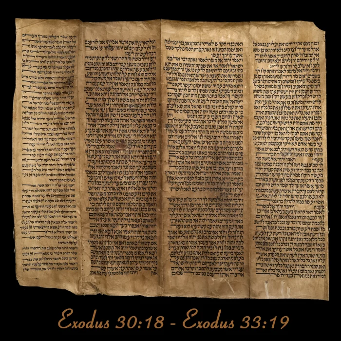 Torah Scroll - Antique Sephardic Torah/Hebrew Bible Pages Handwritten, Exodus 30:18 - Exodus 33:19