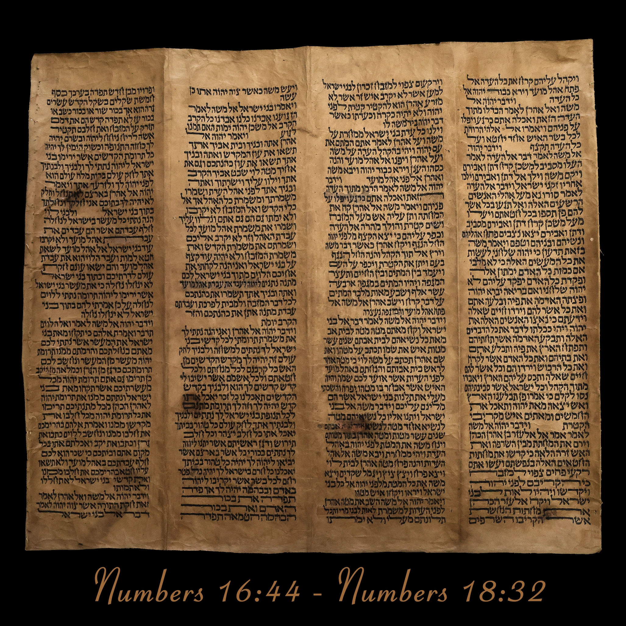 Torah Scroll - Antique Sephardic Torah/Hebrew Bible Pages Handwritten, Numbers 16:44 - Numbers 18:32