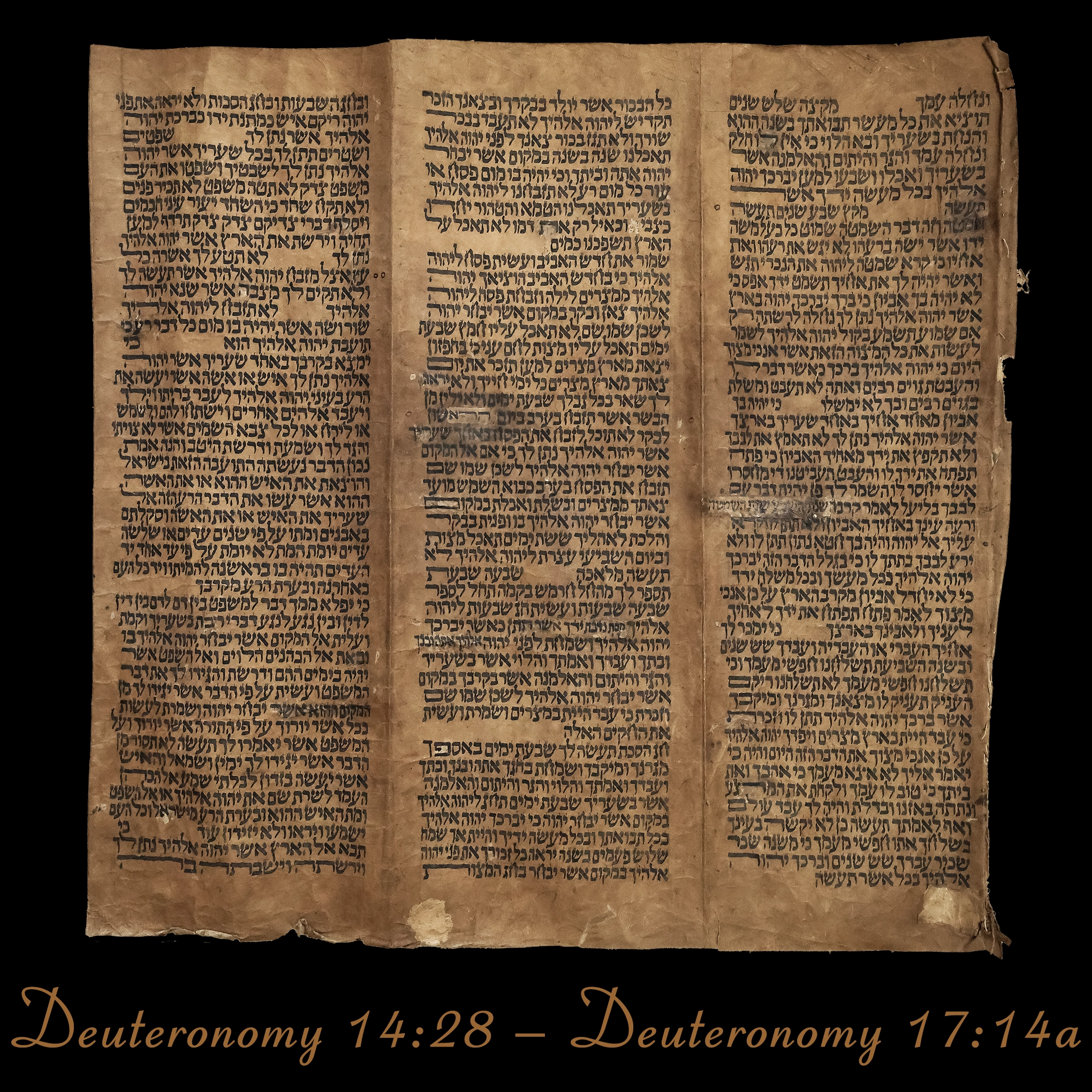 Torah Scroll - Antique Sephardic Torah Fragment Handwritten, Deuteronomy 14:28 – Deuteronomy 17:14a