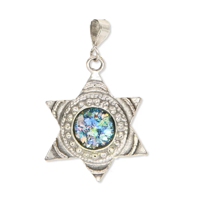 Pendant - Star of David with Roman Glass in Center set in 925 Sterling Silver