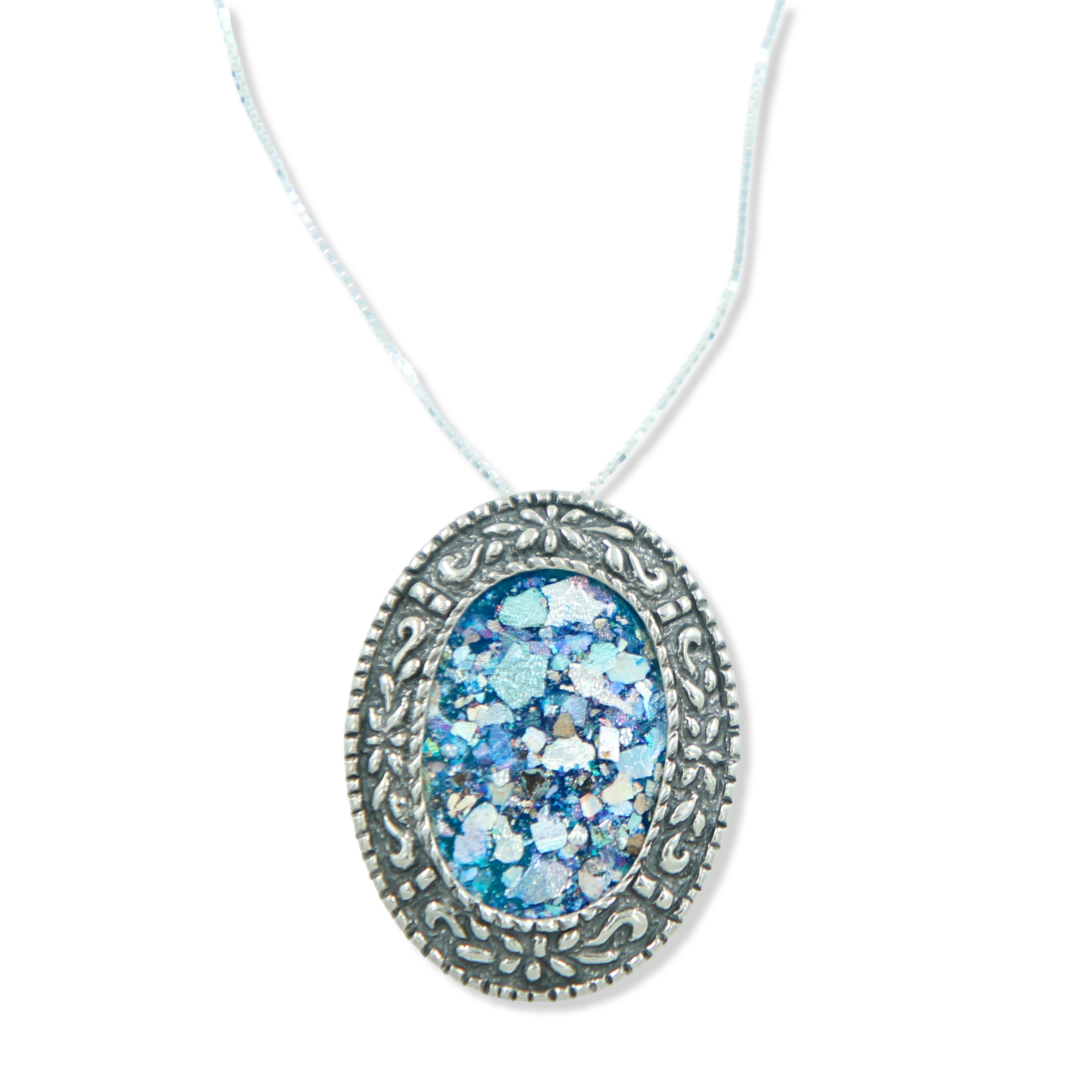 Pendant - Roman glass fragment set in 925 Stirling silver Oval with intricate design. Can be worn vertically or horizontally - Image 3