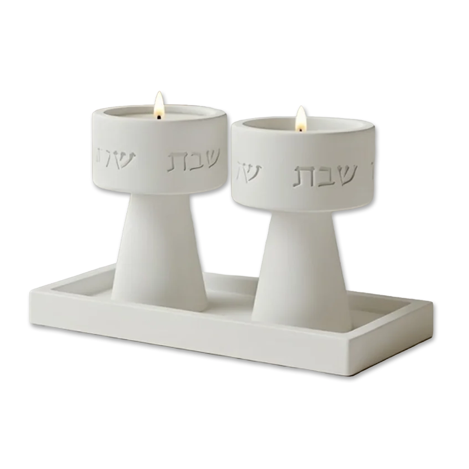 Candle Holders - Pair of White Engraved for Shabbat